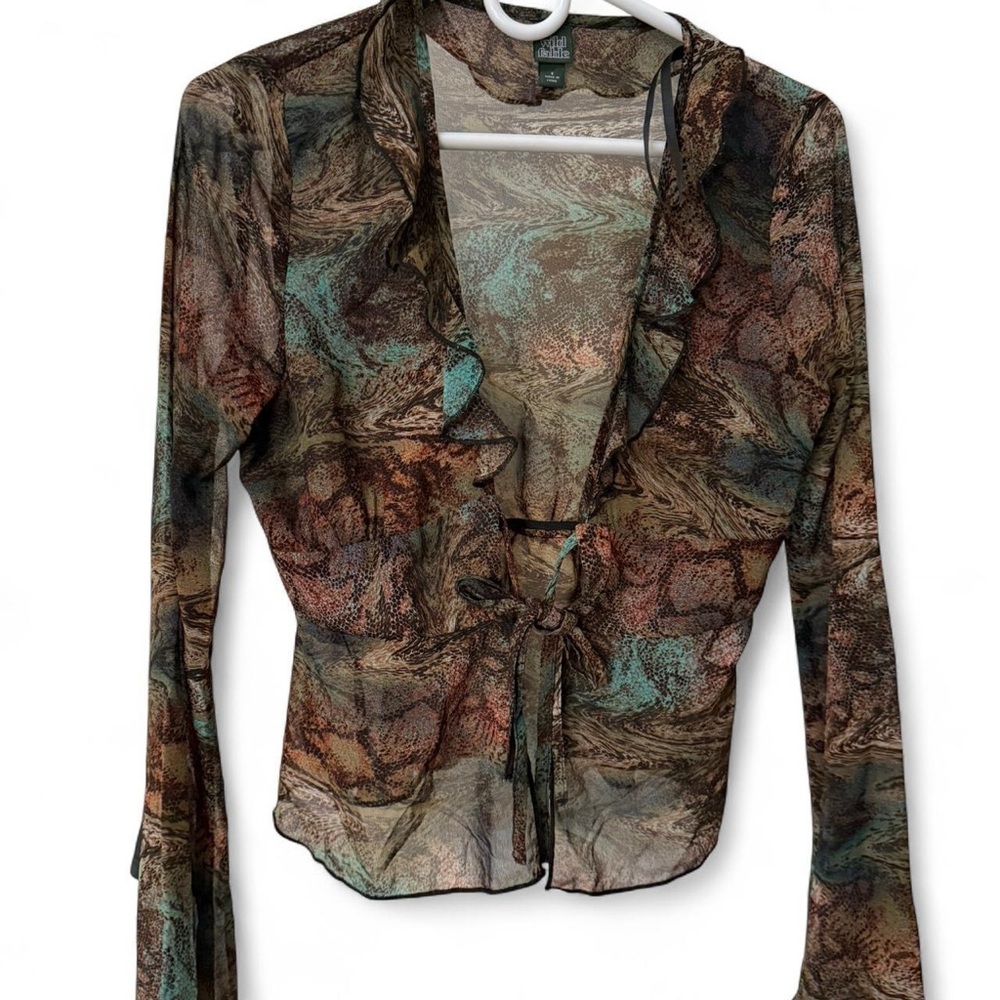 Sheer Multicolor Ruffle Tie-Front Top